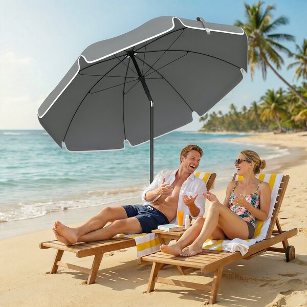 Outsunny Umbrelă de Plajă Inclinabilă cu Ancoră pentru Nisip și Geantă de Transport, Ø150x185 cm, Gri Închis | Aosom Romania