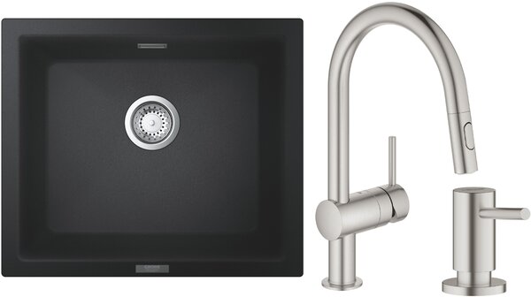 Set chiuvetă din granit Grohe K700 31654AP0, baterie bucătărie Grohe Minta 32321DC2, 40535DC0