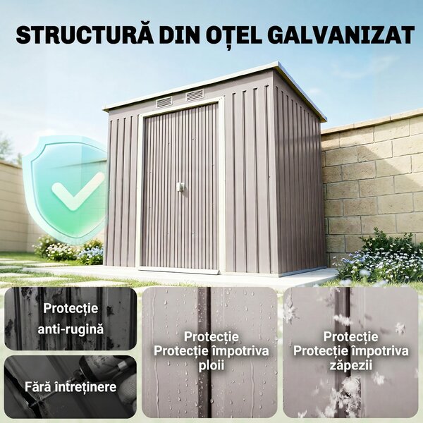 Outsunny Magazie Grădină pentru Unelte cu Acoperiș Înclinat, Metalică, Ușă Dublă și Fante de Ventilație, 213x130x172 cm | Aosom România