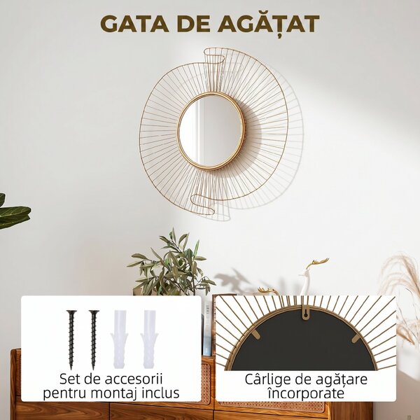 HOMCOM Oglindă Decorativă de Perete Rotundă, Design Modern cu Benzi Metalice și Ramă Plisată, Pentru Sufragerie, Dormitor și Hol, 60x60 cm, Auriu | Aosom Romania