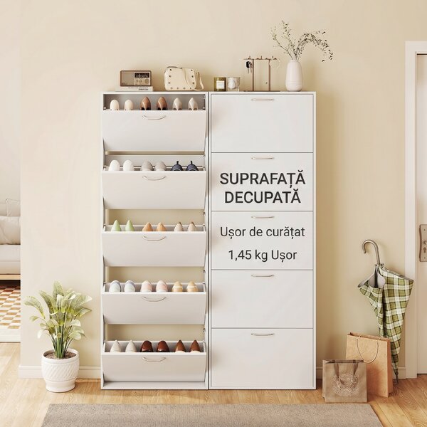 HOMCOM Dulap pentru Pantofi Subțire cu 5 Uși 65x17x180,5 cm în Lemn Alb | Aosom Romania