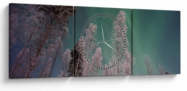 Tablou cu aurora borealis deasupra pomilor înghețați (cu ceas) (90x30 cm)