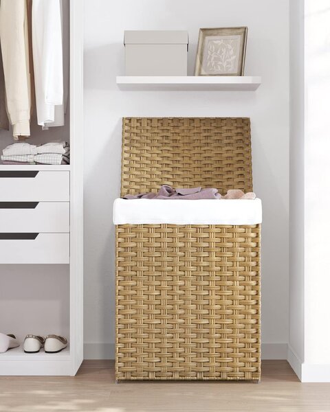 Coș de rufe din rattan țesut manual, pliabil, cu sac detașabil 90L, galben