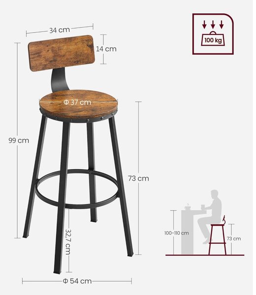 Scaun de bar 2 buc scaune înalte de bucătărie, maro rustic, înălțime șezut 73 cm