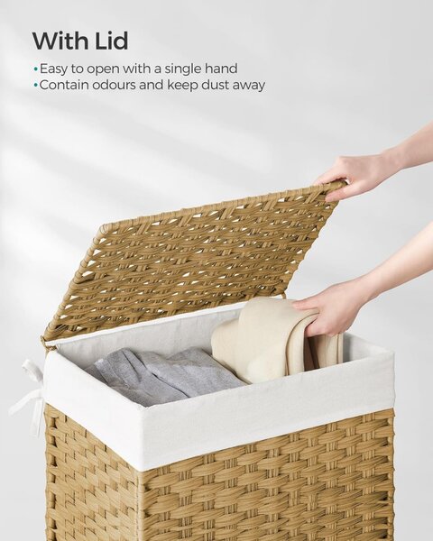 Coș de rufe din rattan țesut manual, pliabil, cu sac detașabil 90L, galben