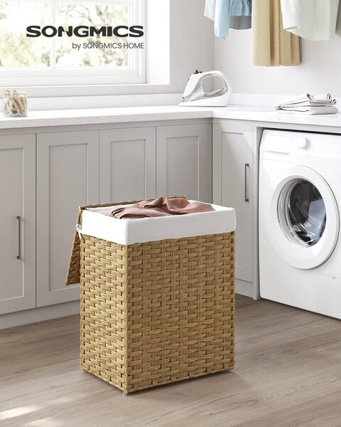 Coș de rufe din rattan țesut manual, pliabil, cu sac detașabil 90L, galben