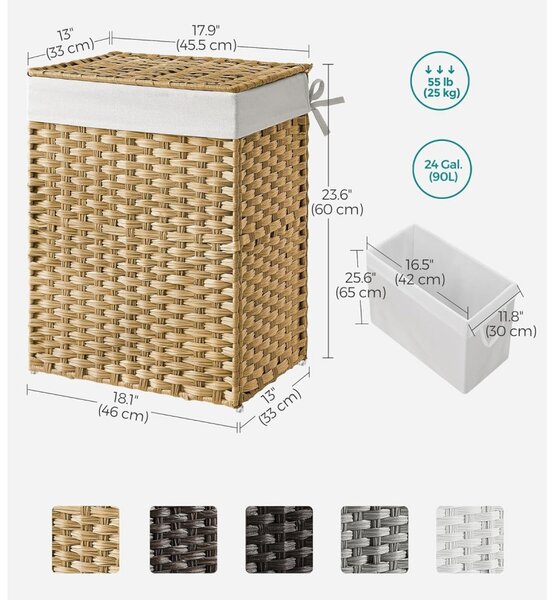 Coș de rufe din rattan țesut manual, pliabil, cu sac detașabil 90L, galben