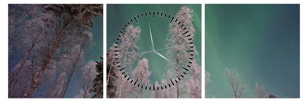 Tablou cu aurora borealis deasupra pomilor înghețați (cu ceas) (90x30 cm)