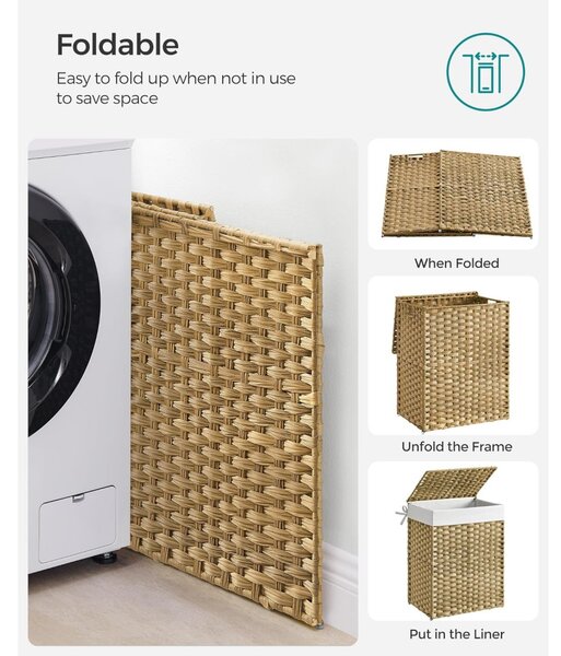 Coș de rufe din rattan țesut manual, pliabil, cu sac detașabil 90L, galben