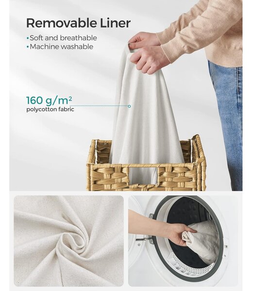 Coș de rufe din rattan țesut manual, pliabil, cu sac detașabil 90L, galben