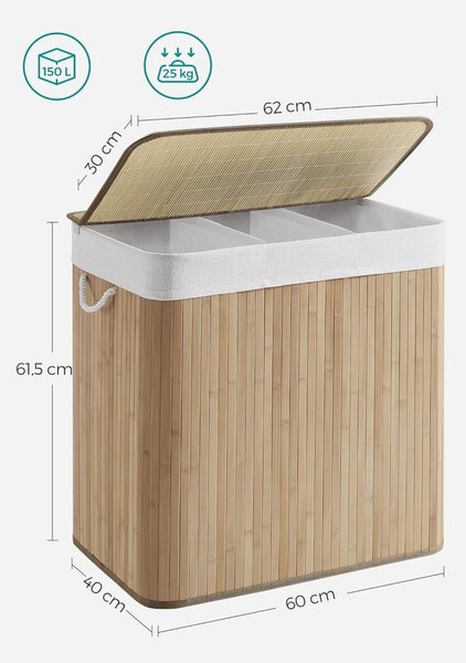 Coș de rufe din bambus 3 compartimente 3x50L