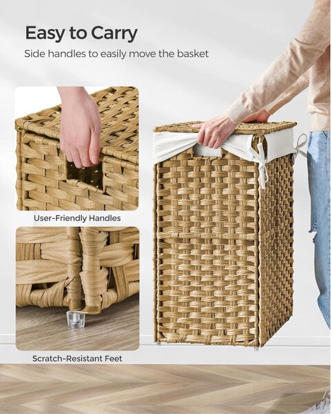 Coș de rufe din rattan țesut manual, pliabil, cu sac detașabil 90L, galben