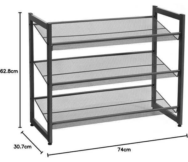 Raft depozitare pantofi cu rafturi din plasă metalică cu 3 niveluri, negru 74x30x62cm