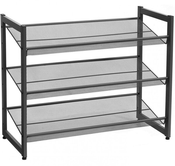 Raft depozitare pantofi cu rafturi din plasă metalică cu 3 niveluri, negru 74x30x62cm