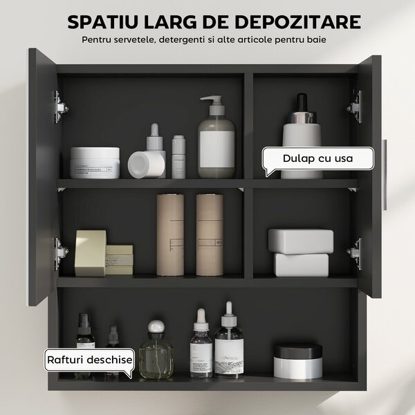 Kleankin Dulap cu Oglindă pentru Baie 2 Uși și Raft Deschis 54x15.2x55.3 cm Negru | Aosom Romania