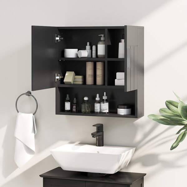 Kleankin Dulap cu Oglindă pentru Baie 2 Uși și Raft Deschis 54x15.2x55.3 cm Negru | Aosom Romania