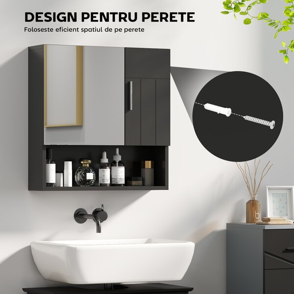 Kleankin Dulap cu Oglindă pentru Baie 2 Uși și Raft Deschis 54x15.2x55.3 cm Negru | Aosom Romania