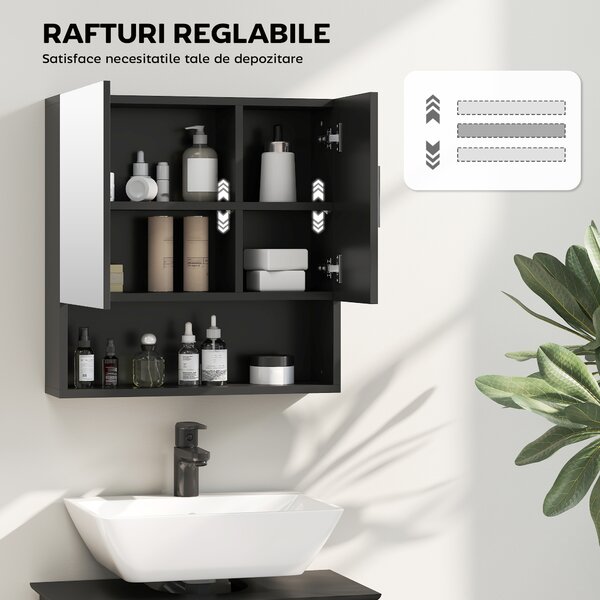 Kleankin Dulap cu Oglindă pentru Baie 2 Uși și Raft Deschis 54x15.2x55.3 cm Negru | Aosom Romania