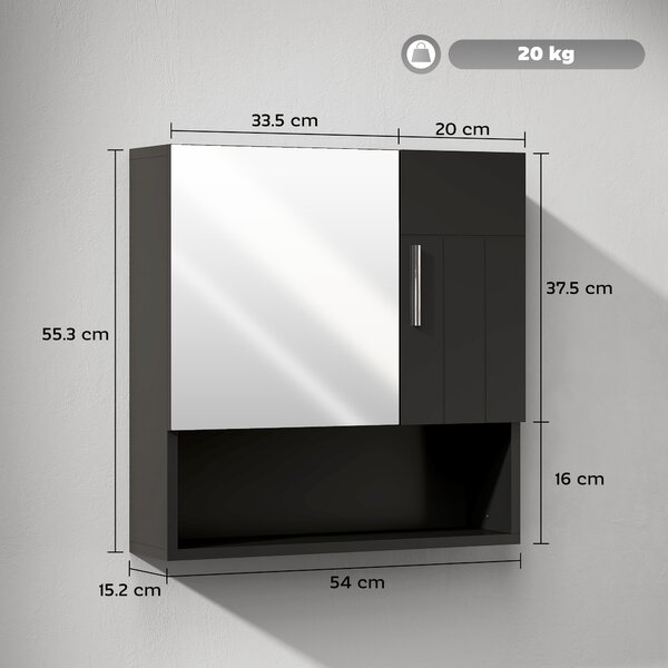 Kleankin Dulap cu Oglindă pentru Baie 2 Uși și Raft Deschis 54x15.2x55.3 cm Negru | Aosom Romania