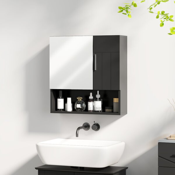 Kleankin Dulap cu Oglindă pentru Baie 2 Uși și Raft Deschis 54x15.2x55.3 cm Negru | Aosom Romania