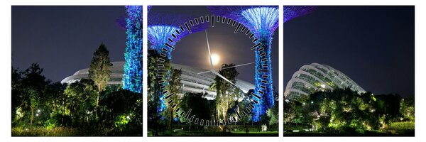Tablou cu lună plină în grădinile din Singapur (cu ceas) (90x30 cm)