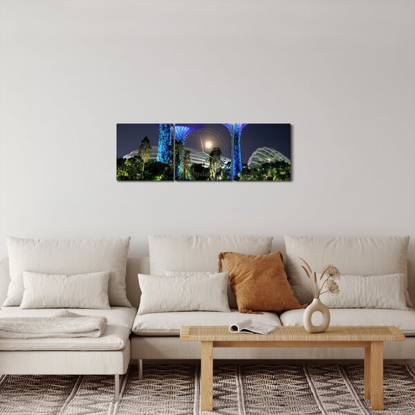 Tablou cu lună plină în grădinile din Singapur (cu ceas) (90x30 cm)