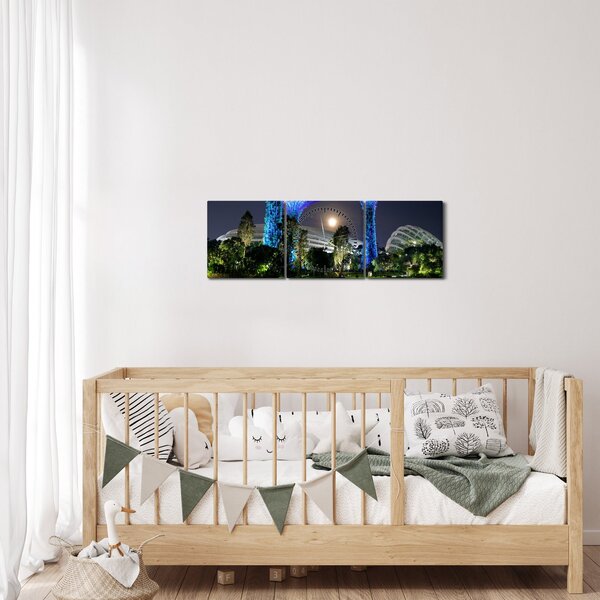 Tablou cu lună plină în grădinile din Singapur (cu ceas) (90x30 cm)