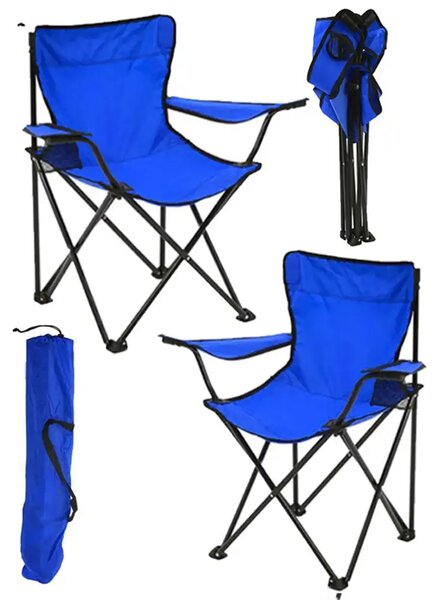 Set 2 Scaune Pliabile cu Cotiere și Suport, Pentru Camping sau Grădină,albastru