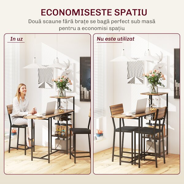 HOMCOM Set Blat de Bar Pliabil și 2 Scaune, Suport Vin și Pahare, Maro | Aosom Romania