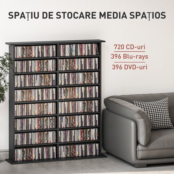 HOMCOM Mobilier Bibliotecă cu 16 Rafturi pentru 720 CD-uri din Lemn 106.5x24x123.7 cm Negru | Aosom Romania