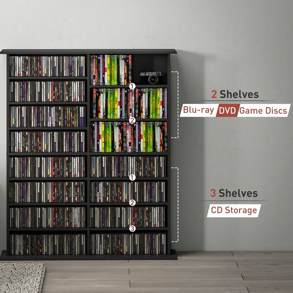 HOMCOM Mobilier Bibliotecă cu 16 Rafturi pentru 720 CD-uri din Lemn 106.5x24x123.7 cm Negru | Aosom Romania