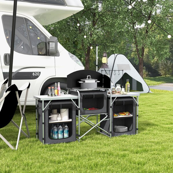 Outsunny Bucătărie de Camping Pliabilă cu 3 Blaturi, 5 Rafturi și 4 Cârlige Negru | Aosom Romania