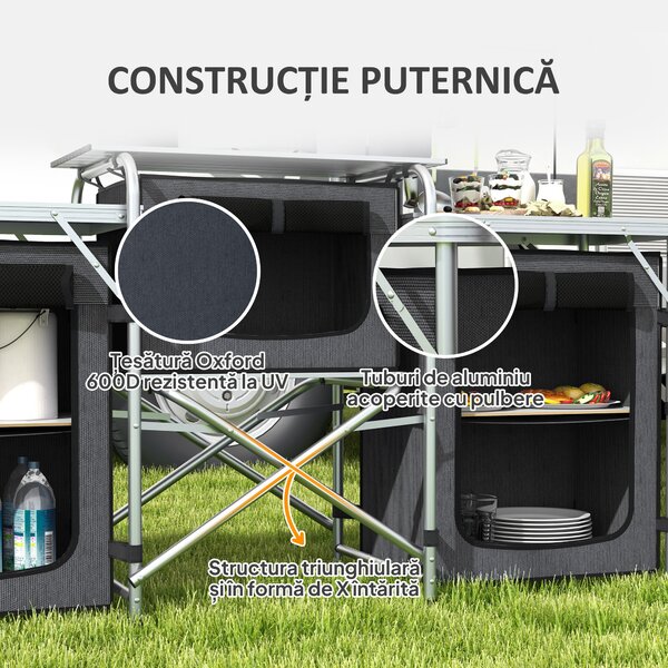 Outsunny Bucătărie de Camping Pliabilă cu 3 Blaturi, 5 Rafturi și 4 Cârlige Negru | Aosom Romania