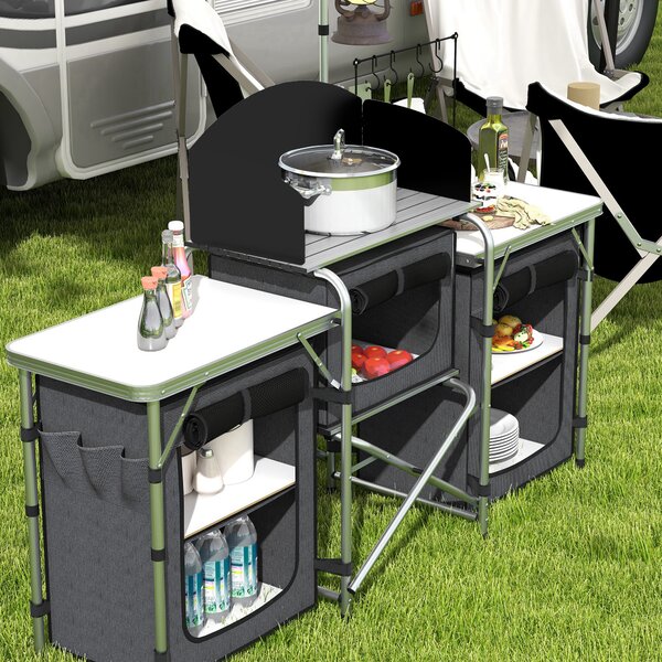 Outsunny Bucătărie de Camping Pliabilă cu 3 Blaturi, 5 Rafturi și 4 Cârlige Negru | Aosom Romania