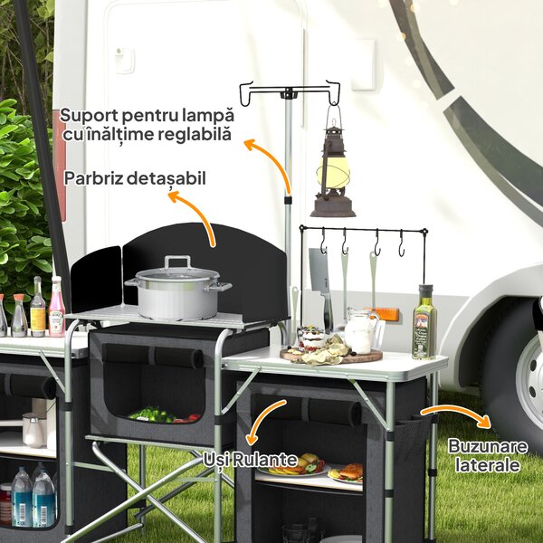 Outsunny Bucătărie de Camping Pliabilă cu 3 Blaturi, 5 Rafturi și 4 Cârlige Negru | Aosom Romania