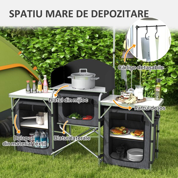 Outsunny Bucătărie de Camping Pliabilă cu 3 Blaturi, 5 Rafturi și 4 Cârlige Negru | Aosom Romania