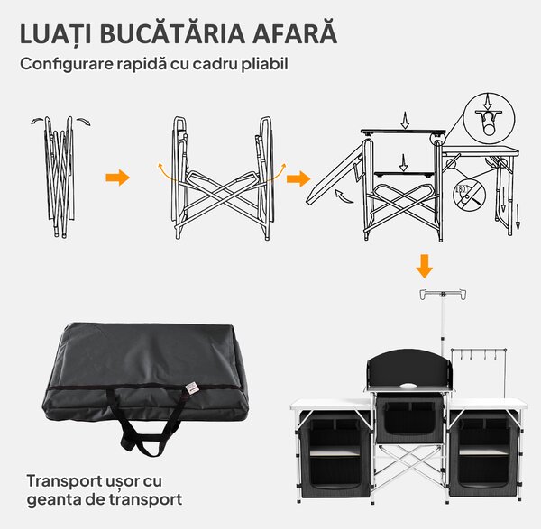 Outsunny Bucătărie de Camping Pliabilă cu 3 Blaturi, 5 Rafturi și 4 Cârlige Negru | Aosom Romania
