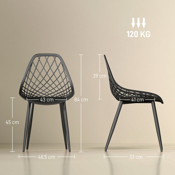 HOMCOM Set 4 Scaune Moderne cu Spătar Perforat Plastic și Metal Negru | Aosom Romania