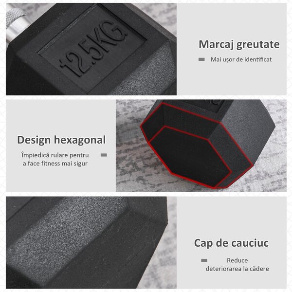 HOMCOM Ganteră de 12.5 kg Hexagonală Unică cu Mâner Antiderapant Negru | Aosom Romania