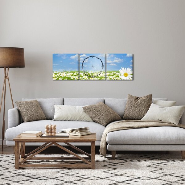 Tablou cu luncă înflorită cu margarete (cu ceas) (90x30 cm)