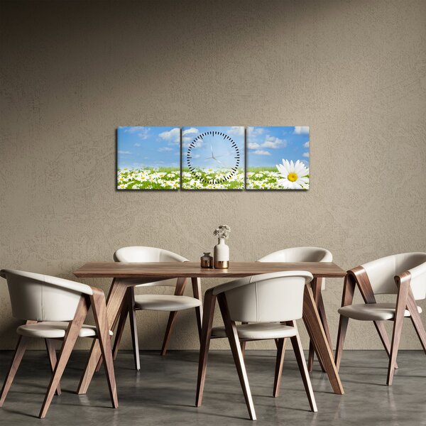 Tablou cu luncă înflorită cu margarete (cu ceas) (90x30 cm)