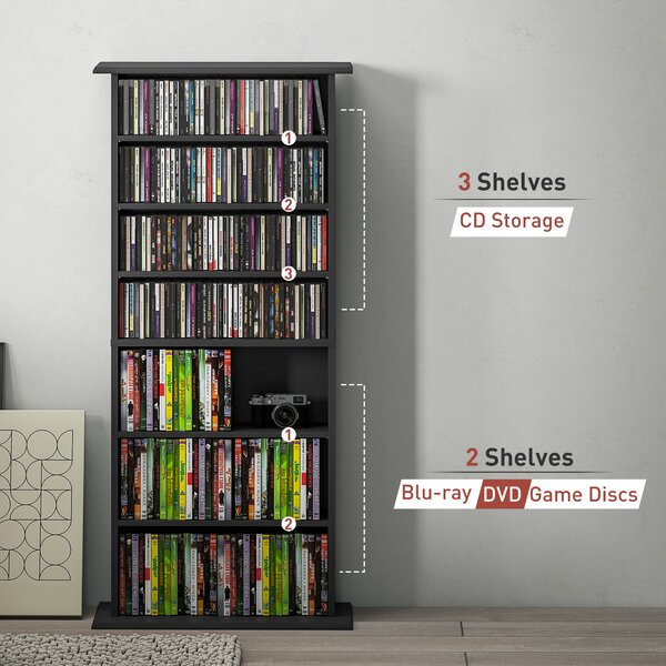HOMCOM Dulap pentru CD-uri cu 6 Rafturi Reglabile pentru 360 CD-uri/185 DVD-uri Negru | Aosom Romania
