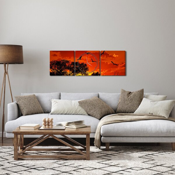 Tablou cu păsări în apus de soare (cu ceas) (90x30 cm)