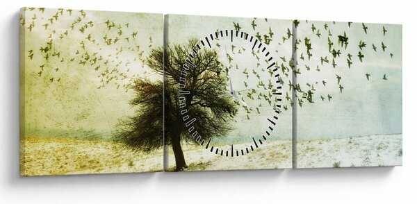 Tablou - cu multe păsări pictate (cu ceas) (90x30 cm)