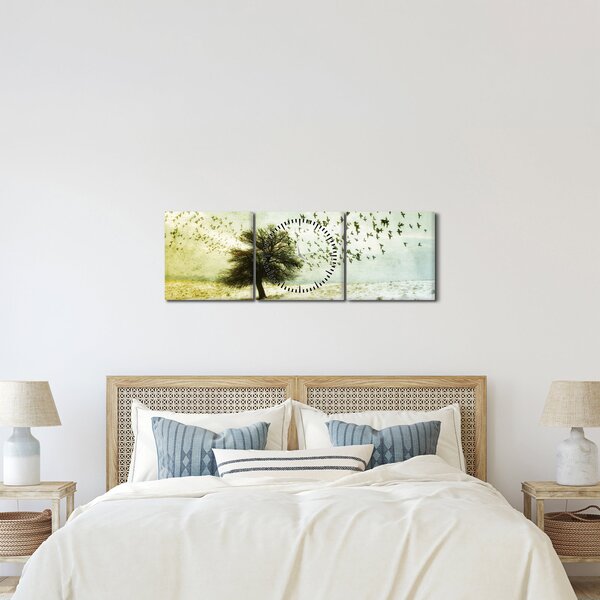 Tablou - cu multe păsări pictate (cu ceas) (90x30 cm)