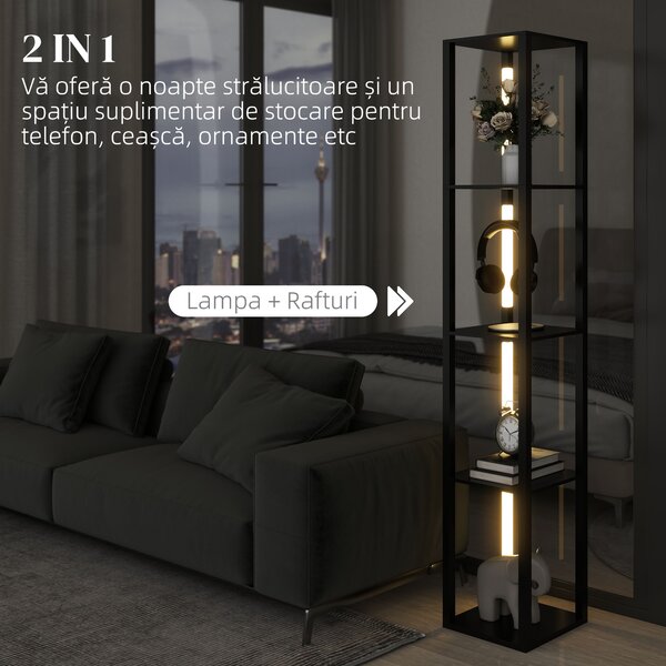 HOMCOM Lampă de Podea cu 4 Rafturi și 3 Luminozități Reglabile 29x29x163cm Negru | Aosom Romania