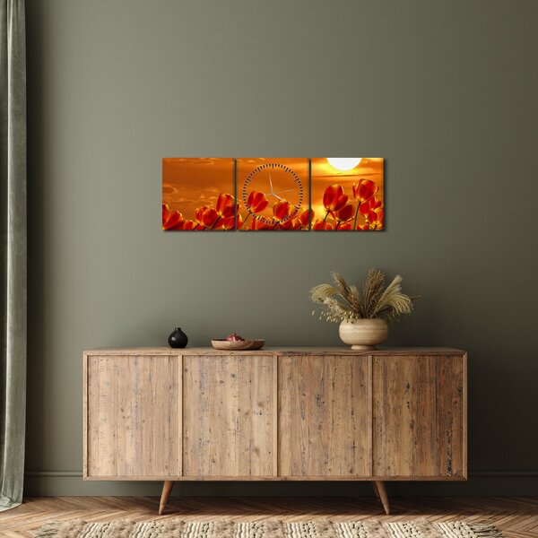 Tablou - lan înflorit de lalele (cu ceas) (90x30 cm)