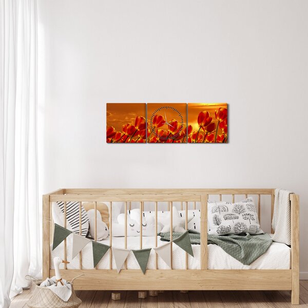 Tablou - lan înflorit de lalele (cu ceas) (90x30 cm)