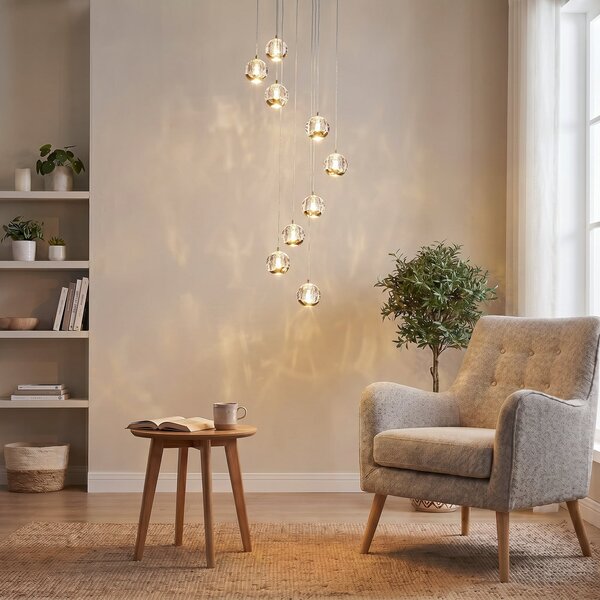 Lucande Lampă suspendată LED Hayley, Ø 40 cm, 9 becuri, aur, sticlă, Auriu / Alamă, Camera de zi / sufragerie, Sticlă, Design