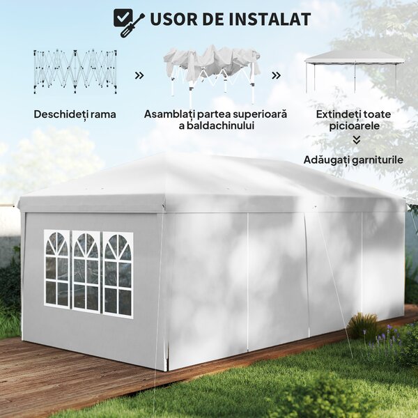 Outsunny Cort 6x3 m pliabil din otel si material Oxford, cort pentru gradina cu 6 pereti laterali, franghii si carlige, alb